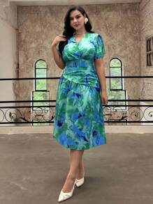 SHEIN Privé Plus Size Floral Print Asymmetrical Hem Ruffle Dress, Elegant French Romantic Style, Suitable For Fall - Multicolor - View 4