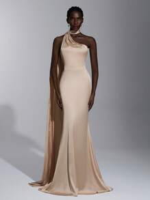 Elitara Champagne Spring Elegant Dinner Evening Satin Mermaid Skirt Dress, Backless Lace-Up Slim-Fitting Khaki Bridesmaid Wedding Guest Party Vacation - Khaki - View 5