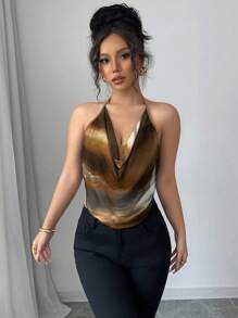 Elenzga Blusa de tirantes y escote en la espalda con estampado de teñido anudado de verano sexy para mujeres - Caqui - Ver 3