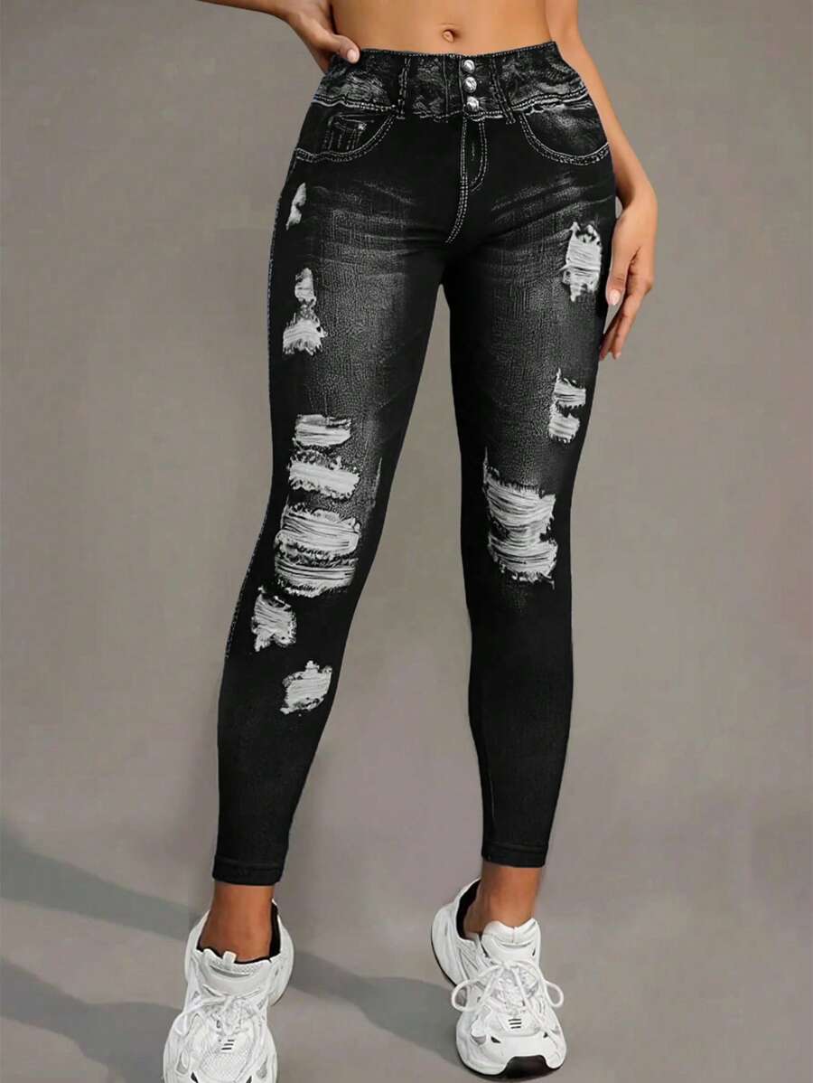 INAWLY 女士运动黑色牛仔效果紧身裤，适合跑步 - 黑色 - 查看 1