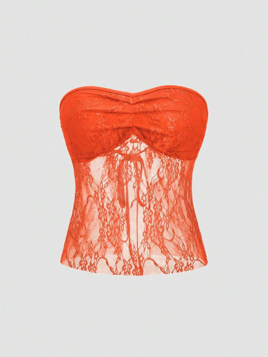 EgrlEra Women's Strapless Lace Top Y2K  - Orange - View 1