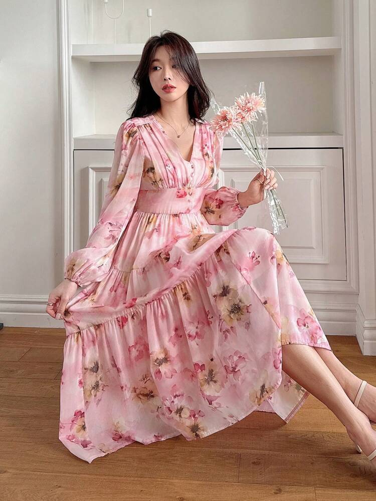 New Fall Women's Long Floral Print Waist Cinch Dress,Ruffle Long Sleeve Dress Maxi Dress