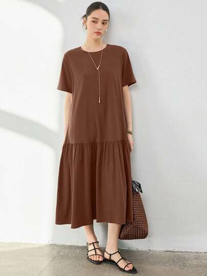 Dazy-Less 女士夏季宽松休闲拼接直筒中长连衣裙 商务休闲女装