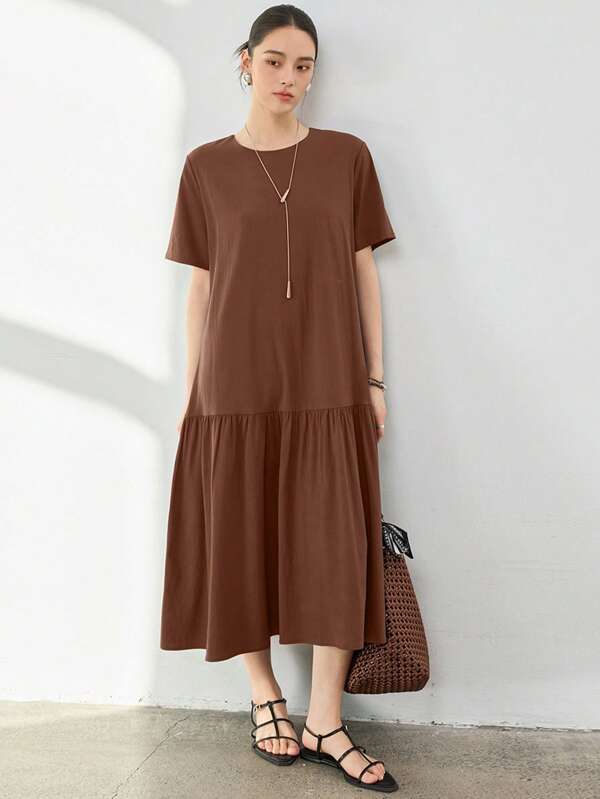 Dazy-Less 女士夏季宽松休闲拼接直筒中长连衣裙 商务休闲女装