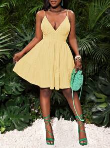 Slaydiva Vestido mini entallado sin mangas de tela de jacquard con recorte de volantes, color amarillo, para uso casual en la playa/días festivos