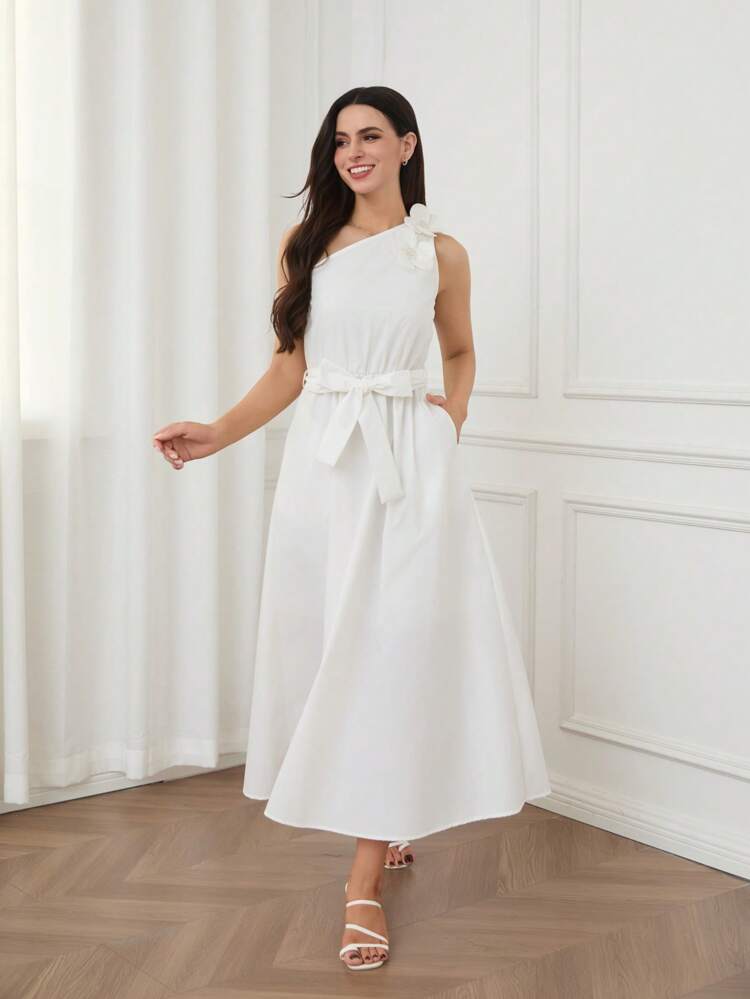 Women's Solid Color Belted Asymmetric Neck Elegant Long Dress