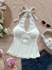 Soleia 女士度假针织波浪纹理提花 V 领蕾丝花边腰带 A 字上衣，适合派对、约会、下午茶、海滩、夏季 - 米色 - 查看 5