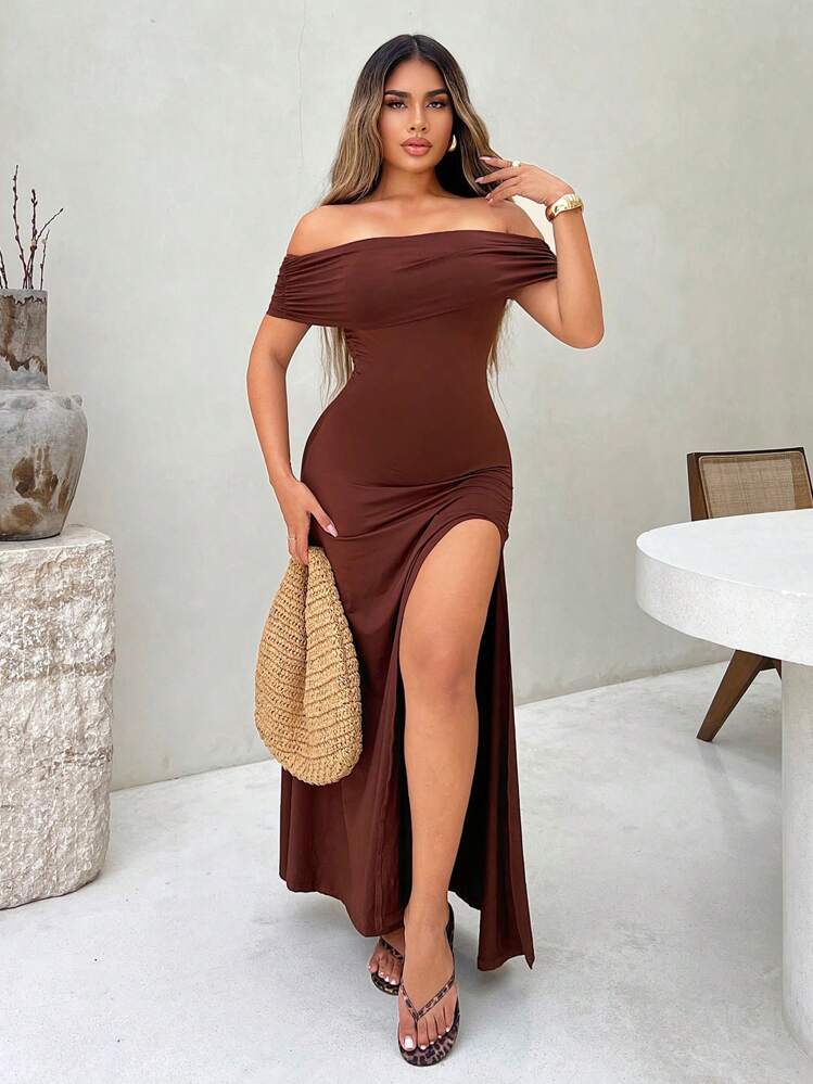 SHEIN SXY Solid Color Brown Off Shoulder High Slit Dress, Summer - Brown - View 1
