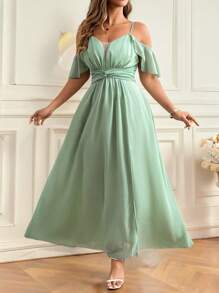 SHEIN Clasi Plus Size Women Long Ruffle Sleeve Split Hem Dress - Green - View 8