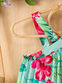 SHEIN Elladie kids Young Girls' Casual Tropical Floral Print Sleeveless Dress, New Spring/Summer Collection Girl Dress Tropical Summer Holiday - Green - View 3