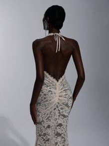 Elitara 优雅杏色纯色蕾丝吊带性感透明美人鱼露背长礼服，适合约会、海滩度假、毕业典礼、婚礼、正式场合、派对礼服、晚会、婚礼宾客 - 杏色 - 查看 3