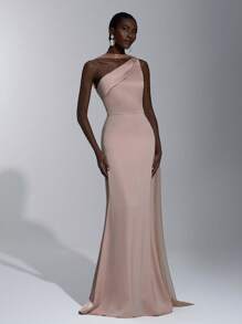 SHEIN Belle 优雅、浪漫、性感、简约卡其色缎面弹力不对称领口露背修身连衣裙，高开衩，时尚、网红风格，适合节日、度假、生日派对、婚礼、伴娘 - 咖啡棕 - 查看 7