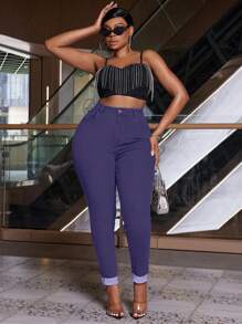 SHEIN SXY 大码女式弹力蓝色复古百搭卷边紧身牛仔裤 - 紫色 - 查看 5