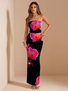 SHEIN BAE 2pcs/Set Women Casual Retro Floral Pattern Outfit, Suitable For Summer - Black - View 6