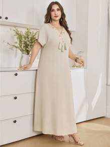 Al Najma Robe à manches mixtes avec garniture de franges dans le style arabe pour femmes grandes tailles - Nude - Voir 6
