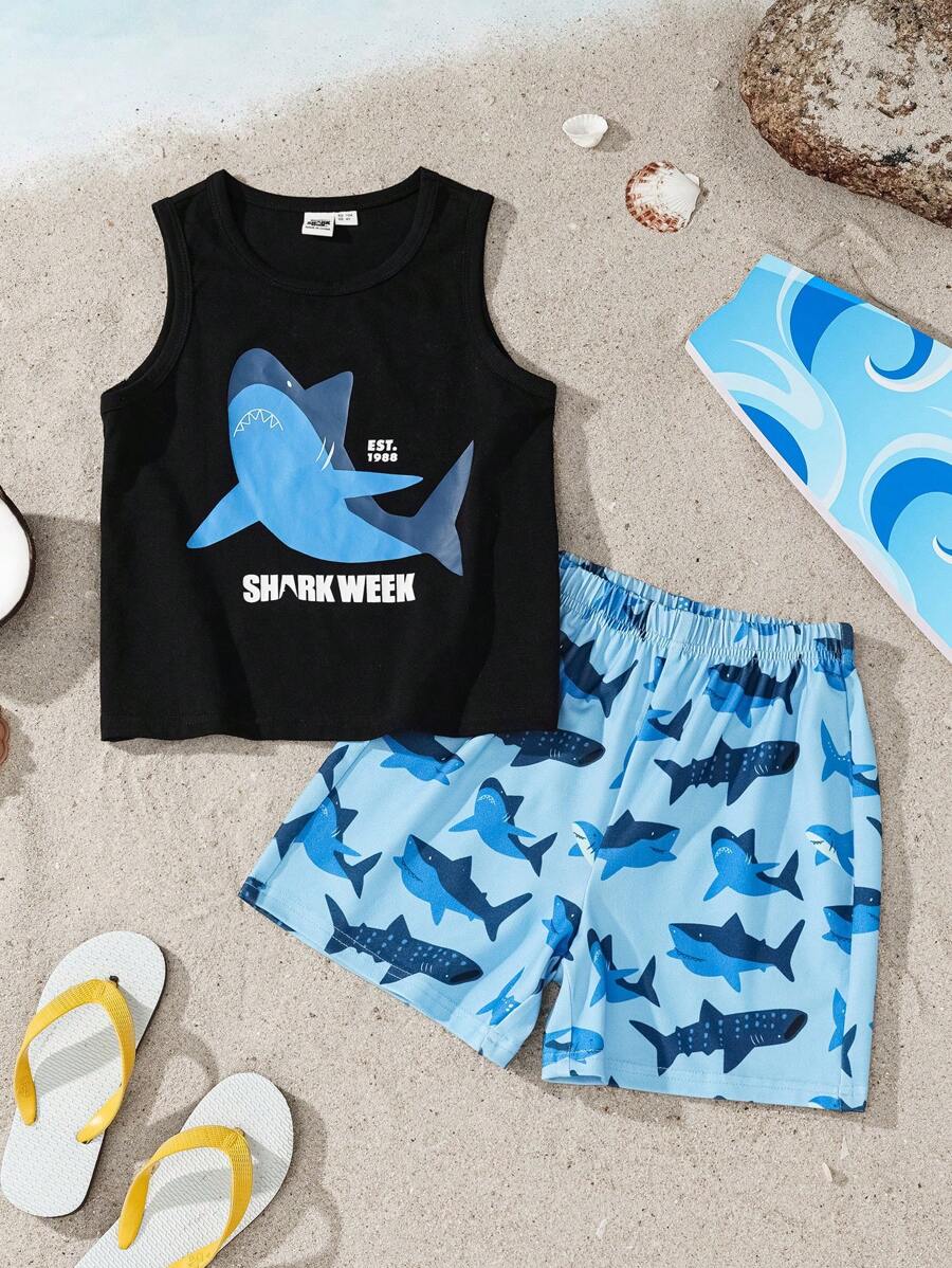 Shark Week X SHEIN Young Boy Cartoon Shark Print Black Tank Top & Ocean Blue Shorts 2 Pieces Set - Multicolor - View 1