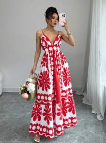 Chiquease Vestito elegante a scollatura profonda a V con stampa floreale per donna