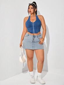 SHEIN ICON Plus Size Front Zipper Backless Halter Denim Top - Blue - View 4