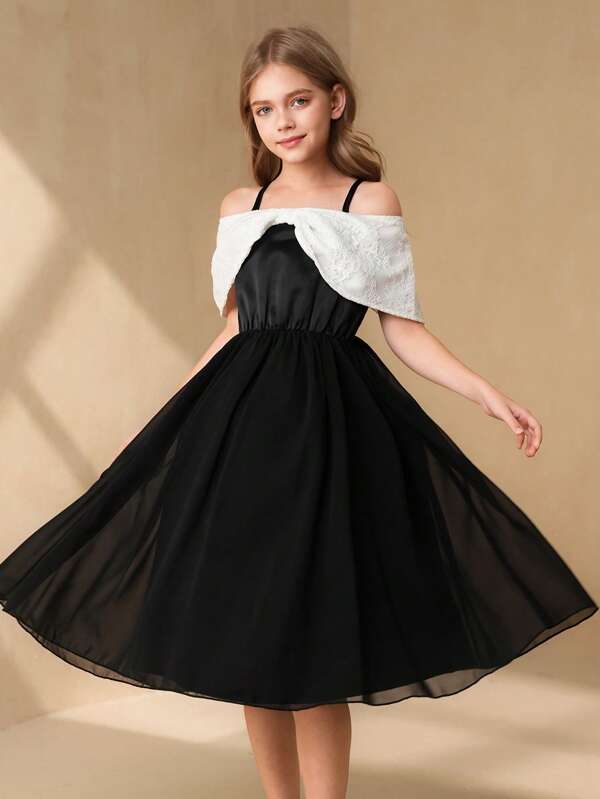 SHEIN Girls Hollow Out Colorblock Butterfly Strap Fashionable Dress