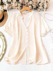 SHEIN LUNE Blusa feminina com design francês, manga curta/manga pétala, decote em V, botões decorados, tecido texturizado de alta qualidade, tamanho grande - Damasco - Ver 4