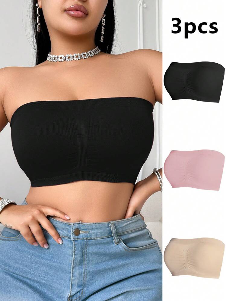 SHEIN Plus Size Bras & Wirefree Bras (3 Piece Set) Without Padding Bandeau Bra - Multicolor - View 3