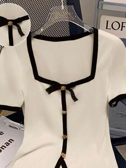 Celisse Women Knit Blend Short Sleeve Casual Metal Button Sequin Bowknot Fitted T-Shirt, Crew Neck, Summer Holiday (Random Pattern)