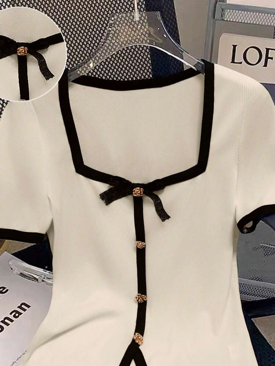 Celisse Women Knit Blend Short Sleeve Casual Metal Button Sequin Bowknot Fitted T-Shirt, Crew Neck, Summer Holiday (Random Pattern) - Apricot - View 1