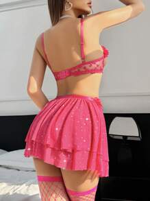 SHEIN 5pcs/Set Romantic Countryside Series Underwired Hollowed-Out Sexy Lingerie Set - Hot Pink - View 2