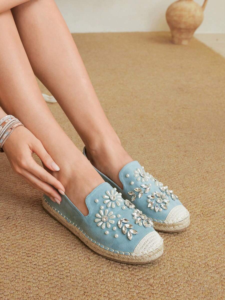 Styleloop Cuccoo Turquoise Beaded Diamonte Rope Sole Fisherman Flat Shoes For Women - Ice Water - View 1