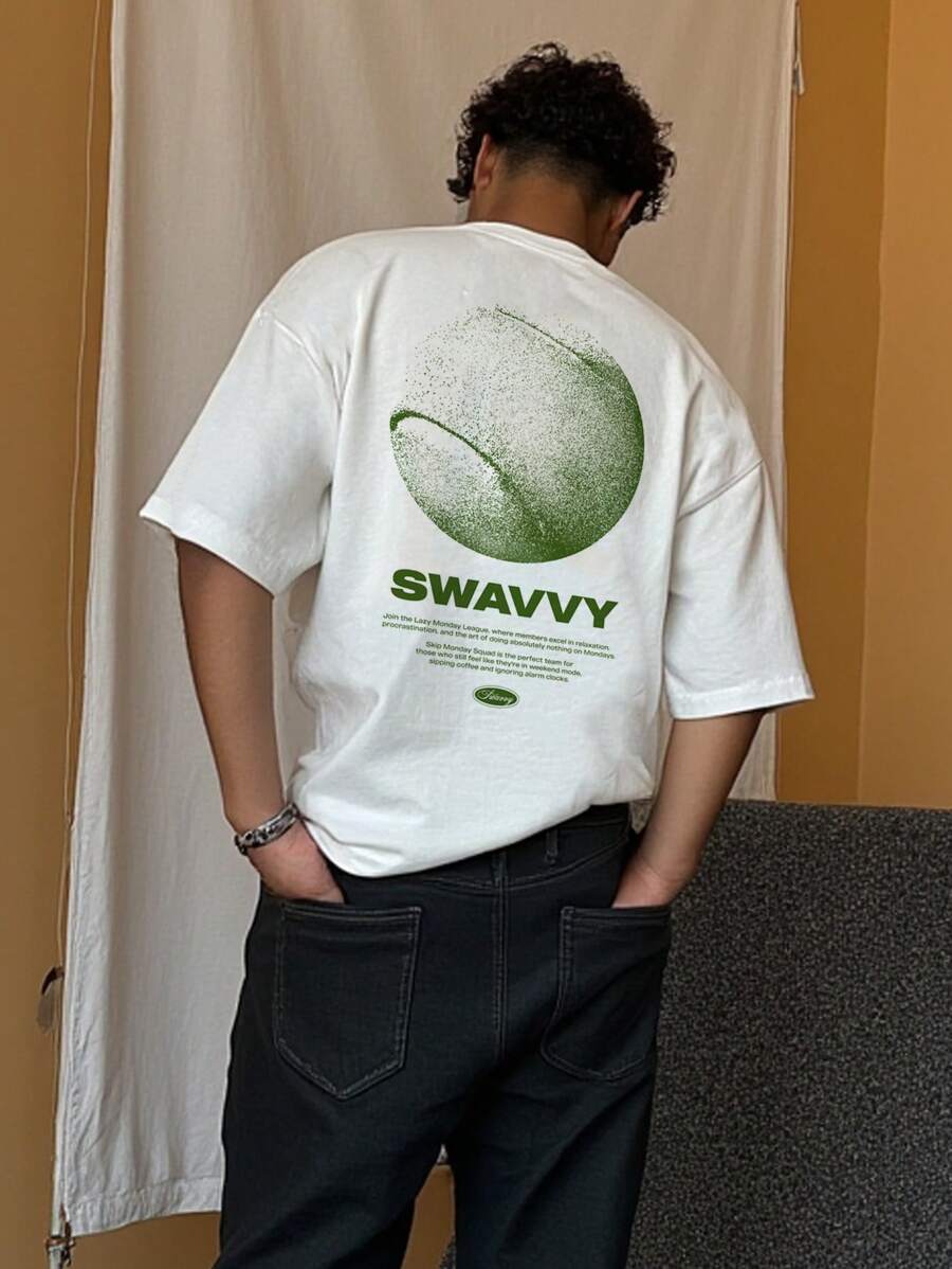SWAVVY 标准版型男士白色宽松短款 T 恤，夏季 - 白色 - 查看 1