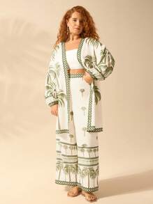 CAJUNI Kimono para cubrir talla grande de mujer de manga linterna con estampado de árbol de coco para la playa, vacaciones de estilo boho, verano tropical y casual
