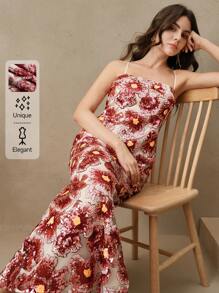 Anewsta Elegant Backless Spaghetti Strap Dress With Handmade Bead Embroidered Floral Decor, Suitable For Spring, Summer, Dating, Festival, Party - Orange - View 1