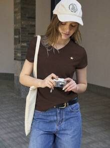 Jouncy Women Casual Star Print V-Neck Short Sleeve T-Shirt, Summer - Coffee Brown - View 7