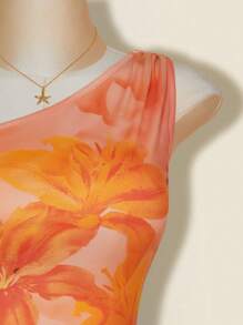 SHEIN ICON Plus Size Asymmetrical Shoulder Floral Print Fitted Casual Vacation Top - Yellow - View 3