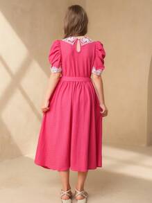 Tween Girl' Casual Contrast Lace Crew Neck Red Party Dress For Formal Occasions & Everyday Wear - Hot Pink - View 2