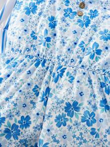 SHEIN Elladie kids Bộ đồ liền thân buộc dây phía trước họa tiết sọc + hoa cho bé gái - Màu xanh lam - Xem 6