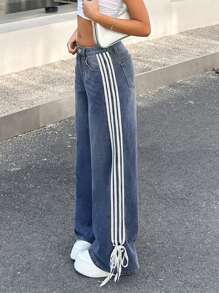 SHEIN 少女 Y2K 时尚条纹蝴蝶结宽松复古休闲斜口袋直筒牛仔裤，春夏假期 - 中等水洗藍 - 查看 4