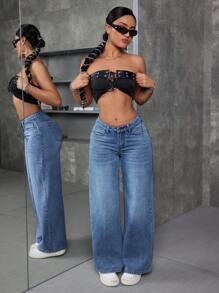 SHEIN ICON 女式宽松V领低腰喇叭阔腿牛仔裤，带口袋 - 中等水洗藍 - 查看 3