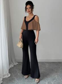 Selianne Women's Elegant Color Block Off-Shoulder Ruffle Jumpsuit - Khaki - View 6
