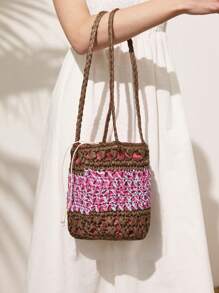 SHECARRY Women Straw Woven Bucket Handbag, Shoulder Bag In Rose Red - Multicolor - View 6