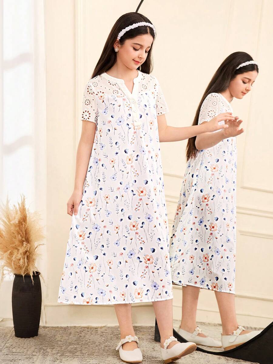 SHEIN 女童宽松休闲印花拼布V领短袖A字连衣裙 - 霧霾藍 - 查看 1