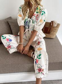 SHEIN LUNE Bộ 2 áo sơ mi ngắn tay phồng in hoa buộc phía trước và quần ống rộng cho nữ, Xuân/Hè - Nhiều màu - Xem 5