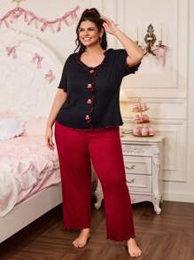SHEIN Plus Size Color Contrast Ruffle Cherry Print Pajama Set - Multicolor - View 4