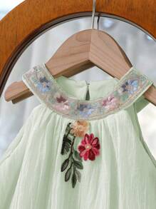 Vintaside Kids 女婴无袖刺绣连衣裙，甜美风格，精致花朵图案，适合节日庆典、家庭聚会，打造优雅小公主造型 - 綠色 - 查看 4