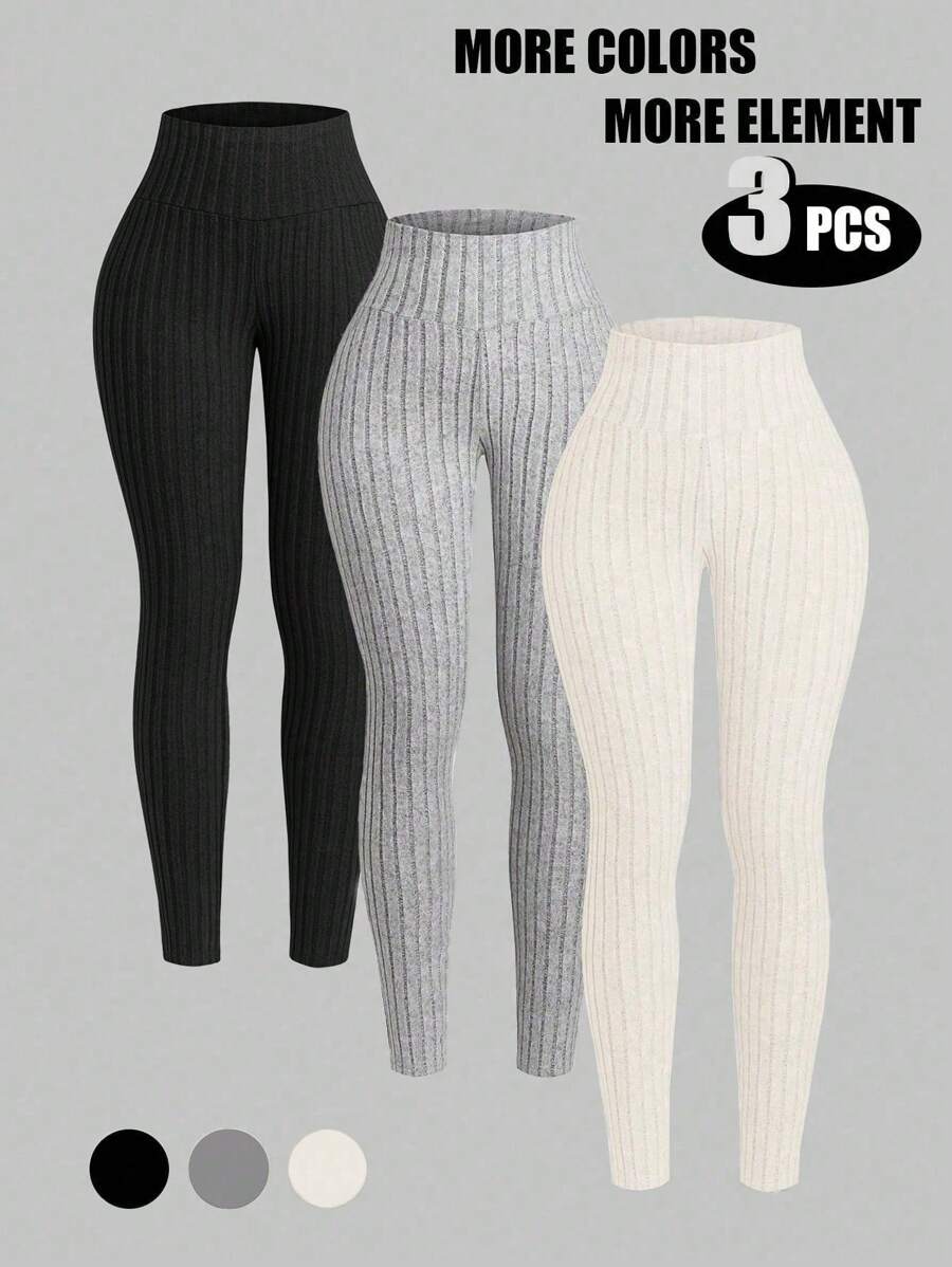 INAWLY 3 件套女式纯色罗纹紧身裤 - 彩色 - 查看 1