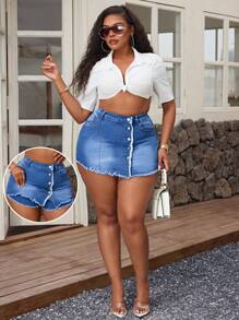 Plus Size Women Stretch Denim Frayed Hem Button Up Skirt Shorts  Summer Outfits For Women Festival Outfits  Skorts  Elegant Vacation Outfits Woman Mini Shorts - Blue - View 1