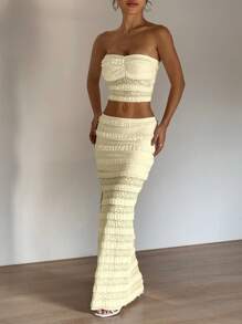 SHEIN Unity Váy ren trắng xẻ tà, bộ 2 món phong cách Boho Beach thường ngày/gợi cảm/ngày lễ dành cho nữ, xuân/hè - Màu vàng - Xem 6