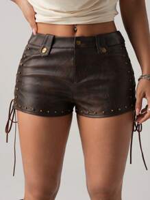 SHEIN ICON Women Retro Criss-Cross Tie-Up Shorts - Brown - View 6