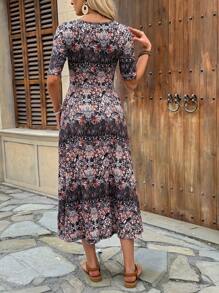 EMERY ROSE Vestido de línea A de longitud media con cuello en V y estampado floral diminuto, estilizador, de estilo veraniego - Vestido elegante ajustado y estampado floral diminuto al estilo francés - Vestido floral diminuto vintage - Vestido casual