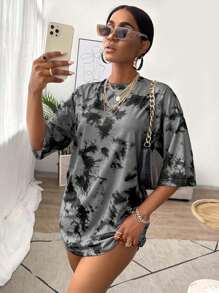 SHEIN BamGlam Summer Casual Tie-Dye Print Mini Dress Cow Print Black Camo - Light Grey - View 4